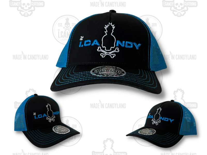 Black and Neon Blue Trucker Style Hat with i.Candy Puff and White Outline