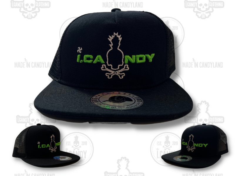 Black with Neon Green i.Candy Puff Logo with Skull Pineapple Outline Flat Bill Hat
