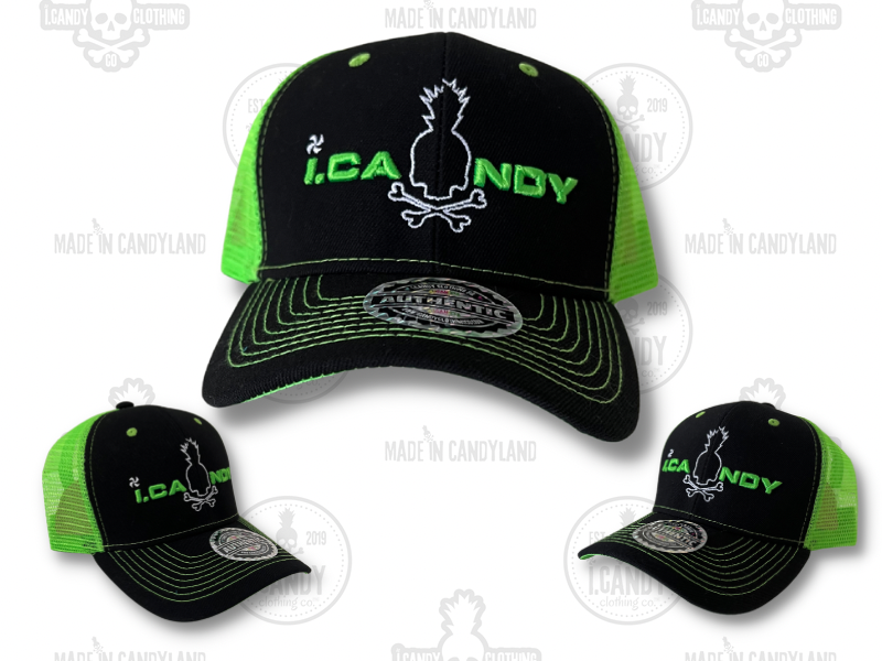 Black and Neon Green Trucker Style Hat with i.Candy Puff and White Outline