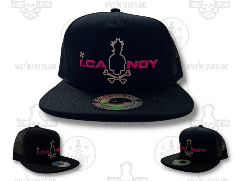 Black with Neon Pink i.Candy Puff Logo with Skull Pineapple Outline Flat Bill Hat