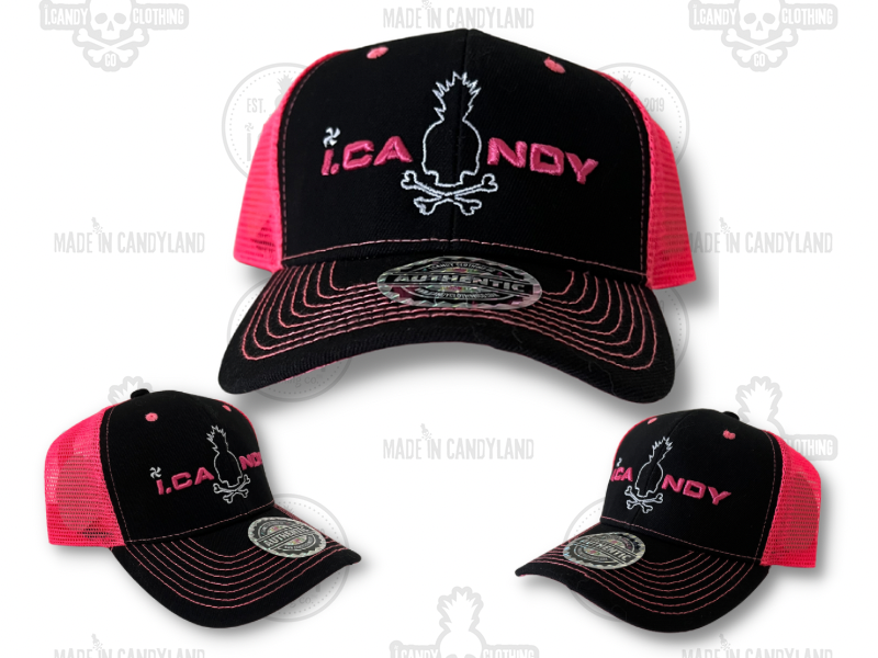 Black and Neon Pink Trucker Style Hat with i.Candy Puff and White Outline