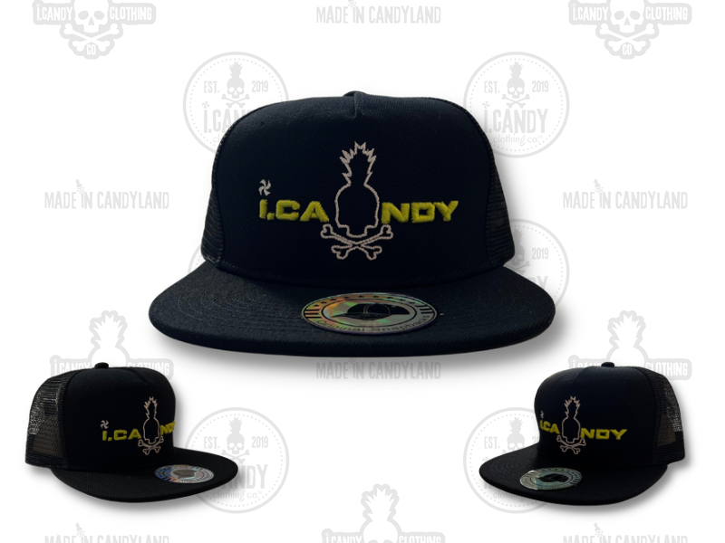 Black with Neon Yellow i.Candy Puff Logo with Skull Pineapple Outline Flat Bill Hat