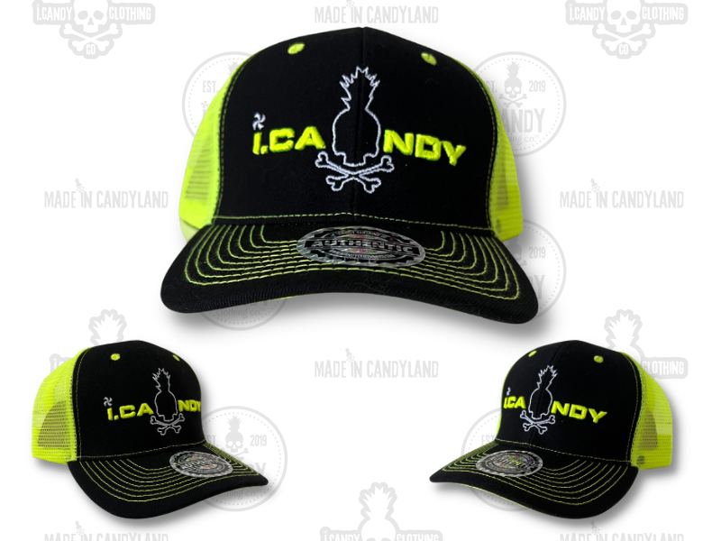 Black and Neon Yellow Trucker Style Hat with i.Candy Puff and White Outline