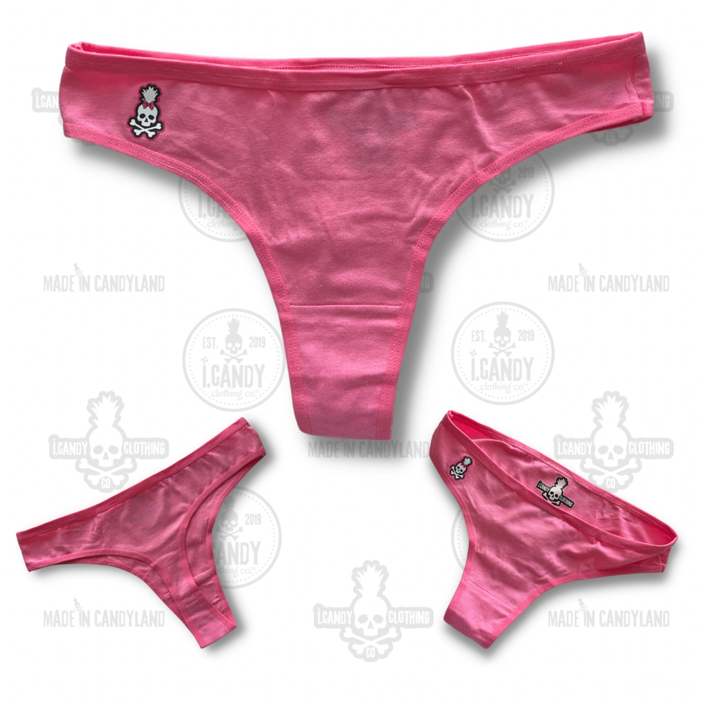 Pink Cotton Thong Panties with Skull Pineapple Bow Logo