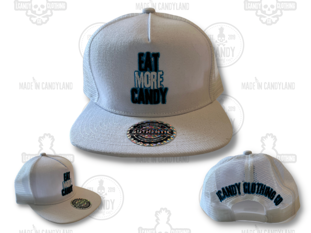 White on White Eat More Candy Flat Bill Double Sided Hat with Blue Outline