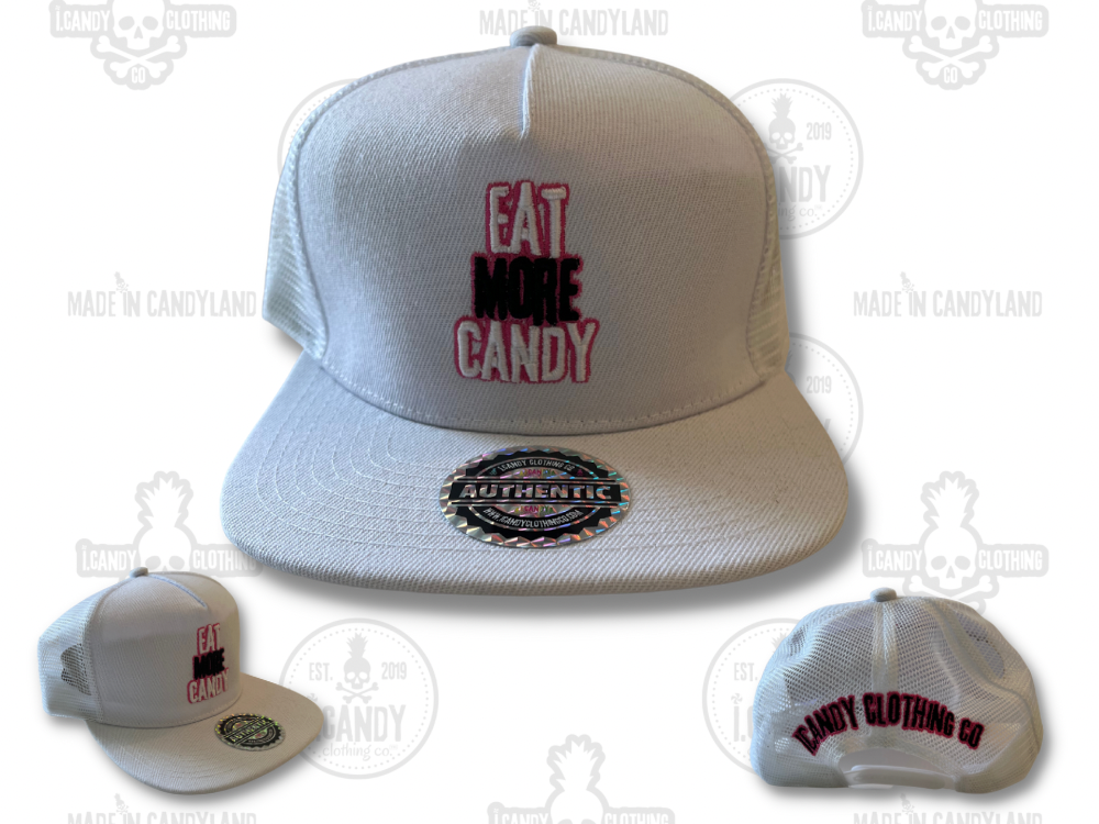 White on White Eat More Candy Flat Bill Double Sided Hat with Pink Outline