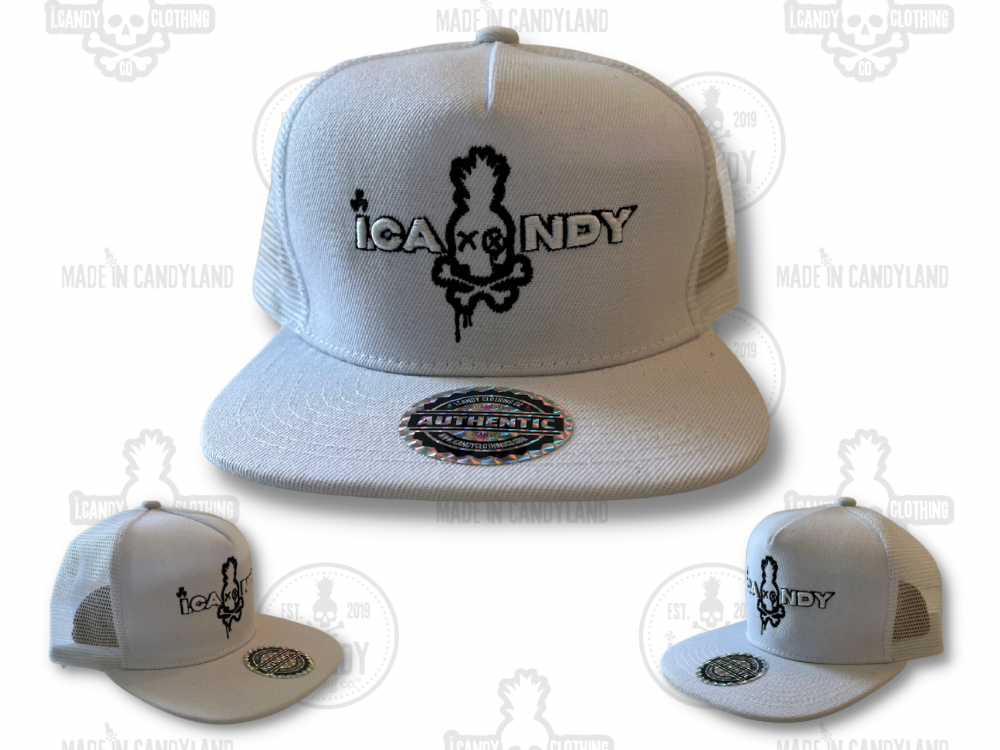 White on White i.Candy Skull Pineapple Drip Logo Flat Bill Hat