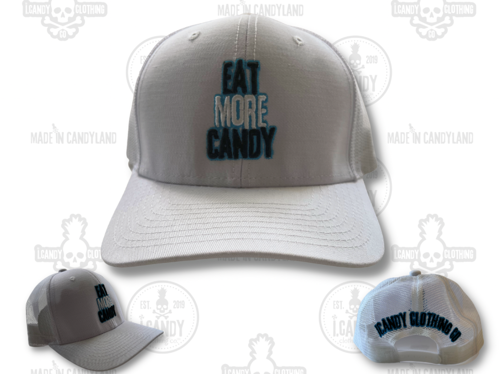 White on White Eat More Candy Trucker Hat Double Sided with Blue Outline