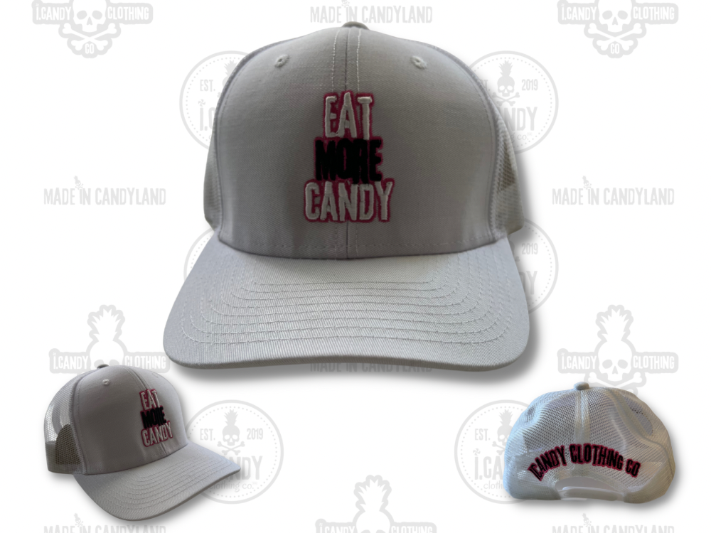 White on White Eat More Candy Trucker Hat Double Sided with Pink Outline