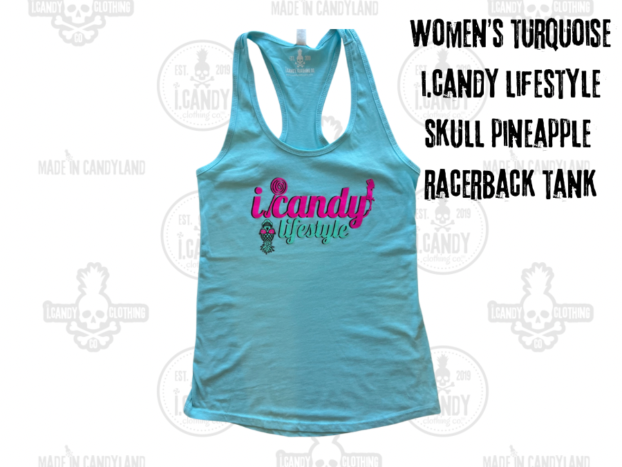 Women's i.Candy Lifestyle Skull Pineapple Logo Racerback Tank Turquoise