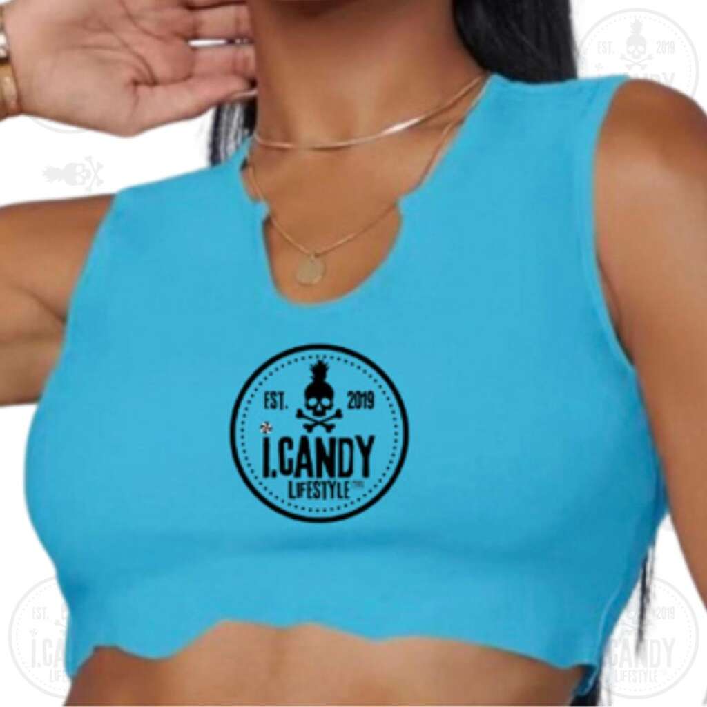 Women's Blue notched crop top with circle i.candy lifestyle logo
