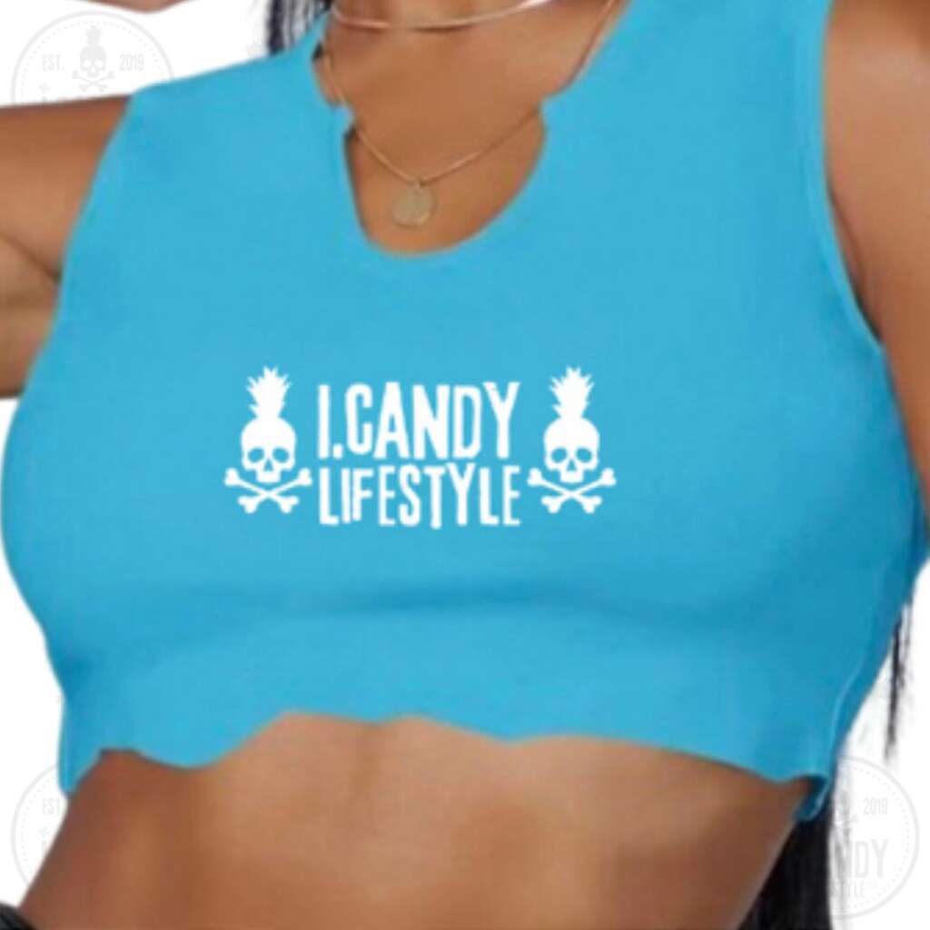 Women's Blue notched crop top with double skull pineapple logo