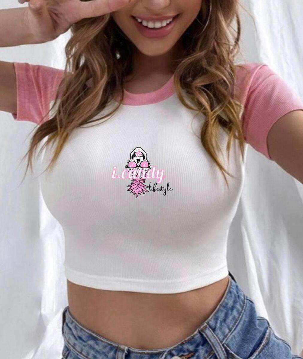 Women's pink and white short sleeve jersey crop top skull pineapple logo i.Candy Lifestyle