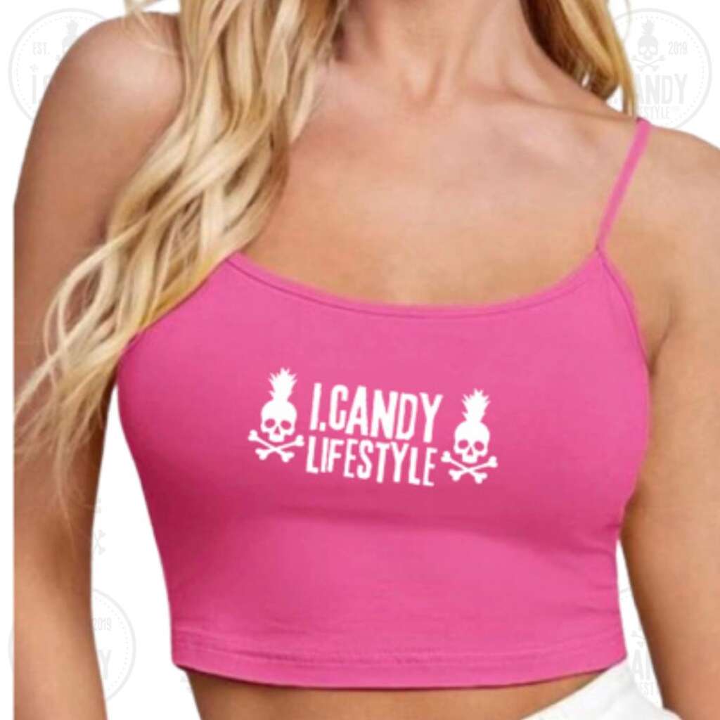 Women's pink cami crop top with white double skull pineapple logo i.Candy Lifestyle