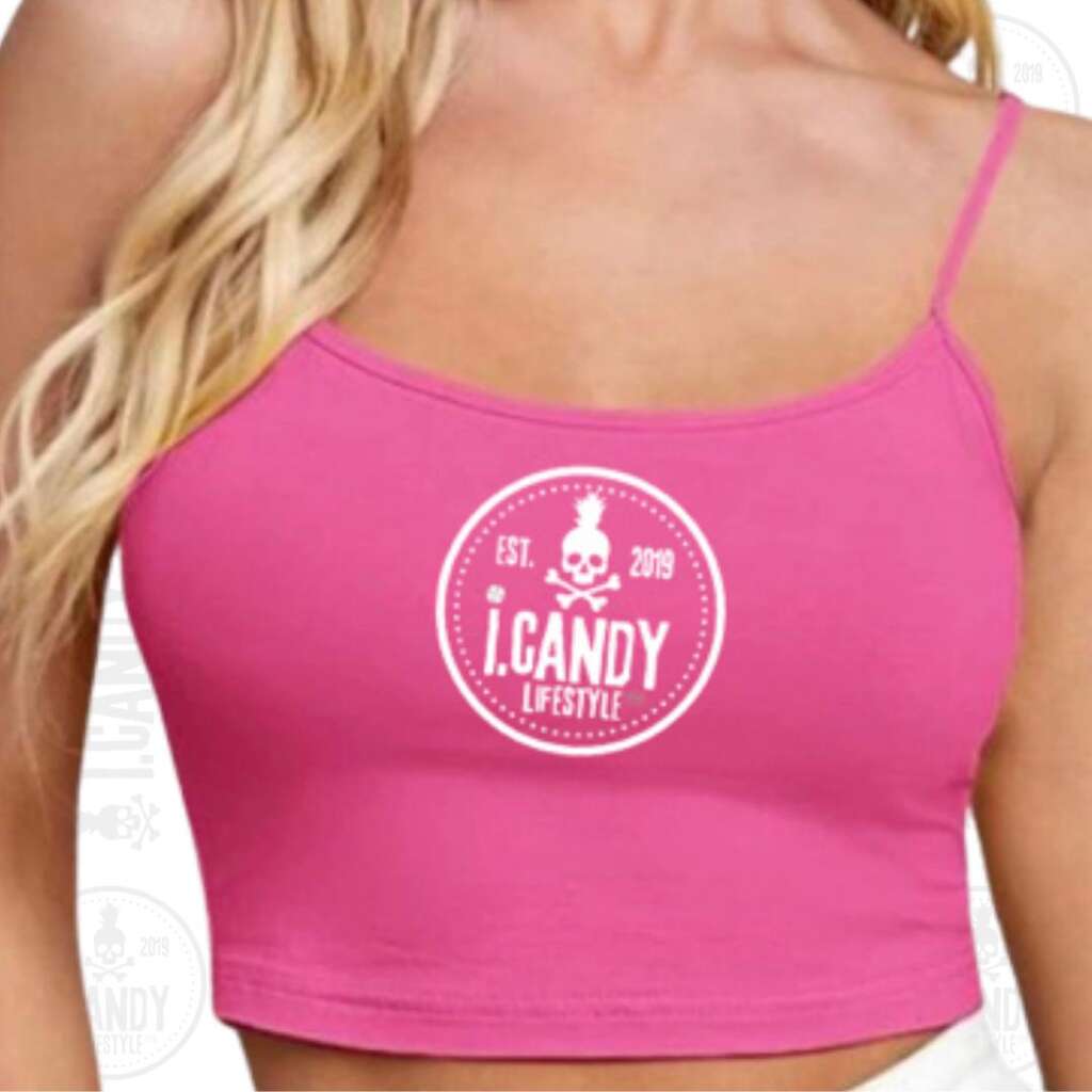 Women's pink cami crop top with white i.candy lifestyle circle logo