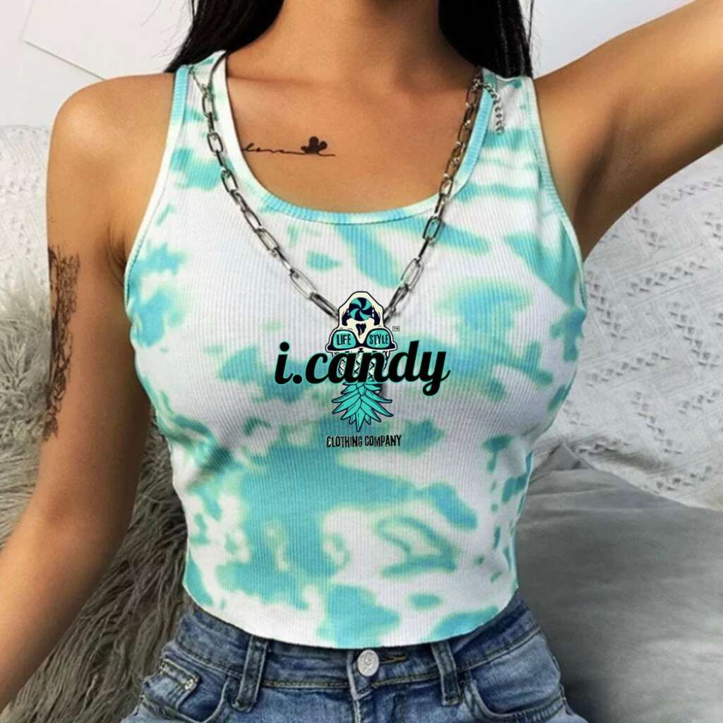 Women's Green and White Tie Dye Crop with Skull Pineapple Logo