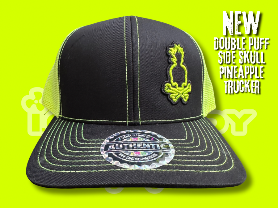 i.Candy Neon Yellow Double Puff Side Skull Pineapple Trucker